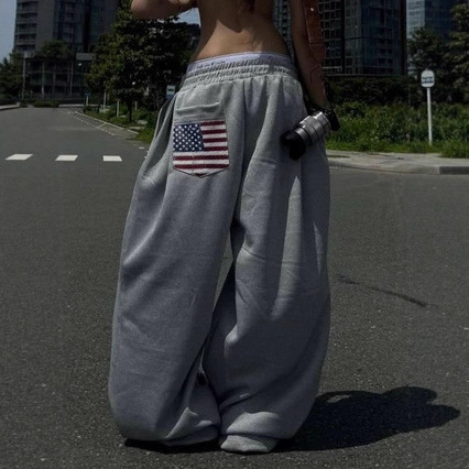 Y2K Women's Casual Fashion Street Style Jogging Pants with Back Pocket, National Flag Print, Elastic Waist, Straight Loose Wide-Leg Long Pants