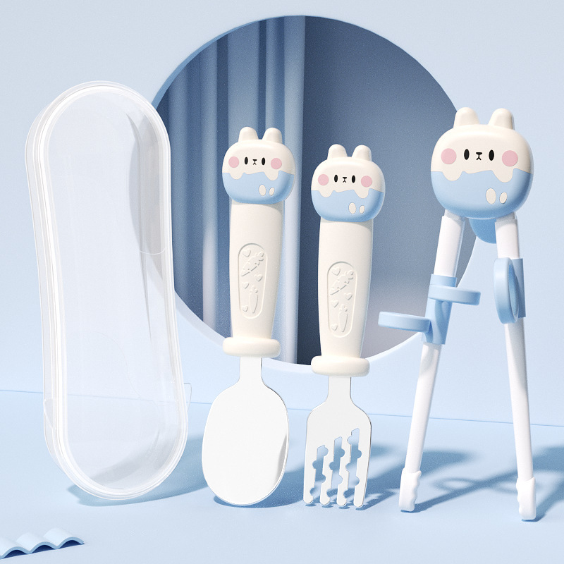 타이거 입 젓가락 포크 스푼 세트 블루 (컬러 박스 ��