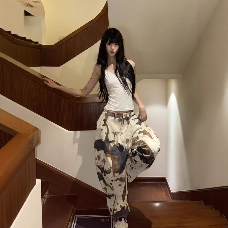 American Retro Washed Apricot Cow Print Jeans for Women, Loose and Relaxed Floor-Length Wide-Leg Pants