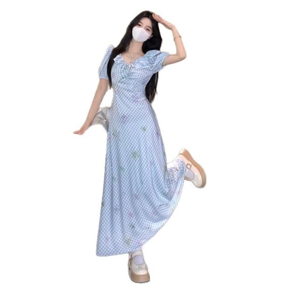 French Blue Sniffed First Love dress Summer New Waist Slimming Elegant Bubble Lotus Leaf Plaid Long Skirt