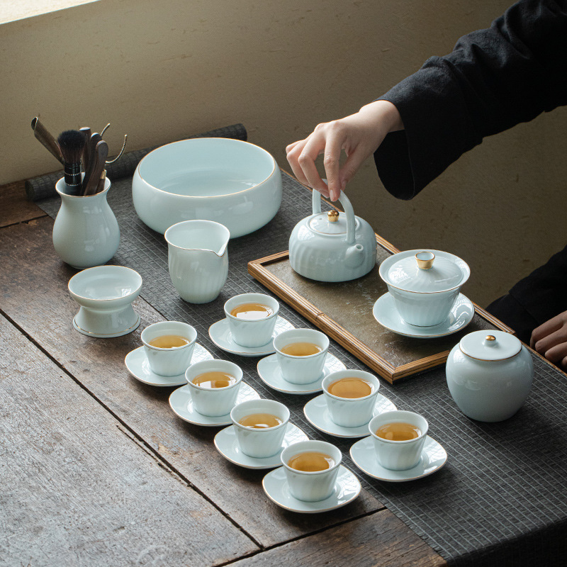 ギフト工夫茶器セット卸売り家庭用ロゴ蓋碗提梁壺開業徳化陶磁器茶器セット|undefined