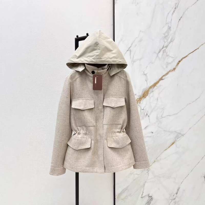 Shenzhen Nanyou 26 Early Spring Fashionable and Stylish Multi-Pocket Stand Collar Hooded Drawstring Waist Tweed Jacket for Women