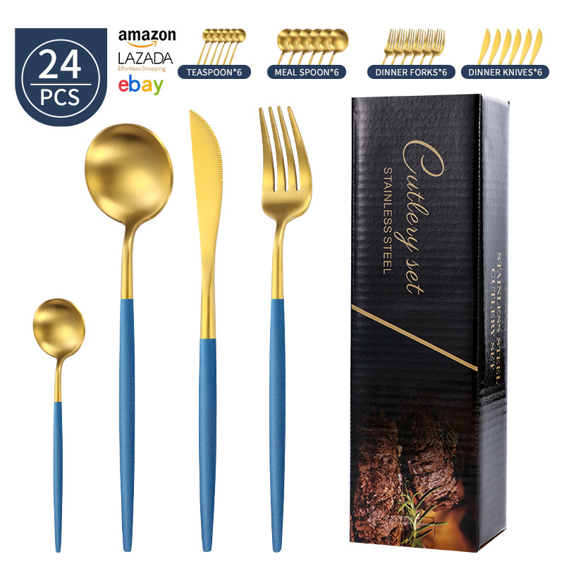 Transfronterizo Amazon mango redondo portugués cuchillo y tenedor cuchara set de platos de acero inoxidable mate cuchillo y tenedor de filete set 24 piezas