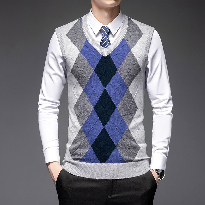 Wool Vest for Men, Autumn and Winter, Men's V-Neck Sleeveless Knit Vest, Business Men's Clothing, Diamond Pattern Jacquard Sweater