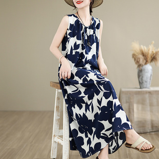 Cotton Silk Dress New Style Mom Sleeveless Loose Vest Temperament Summer Slimming Vacation Beach Long Skirt