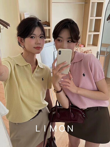 Core-spun yarn polo lapel short-sleeved T-shirt women's retro slimming shoulder half-zipper casual sweater horse label top