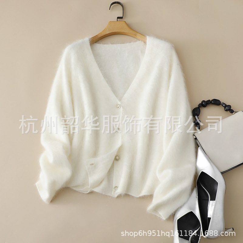 《雾感拉绒》蓬松舒适100.山羊绒衫V领长袖开衫女冬宽松显瘦外套