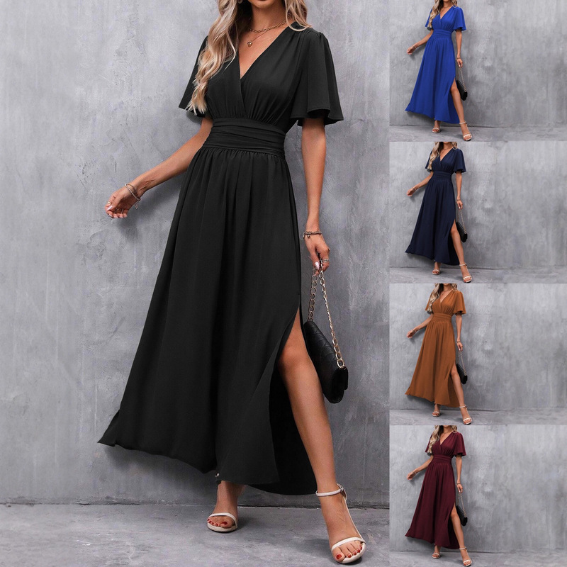 Foreign Trade European and American Style Elegant Dress with Gathered Back Waist and High Slit, New Slimming Fashionable Long Dress for Women Foreign Trade European and American Style Elegant Dress with Gathered Back Waist and High Slit, New Slimming Fashionable Long Dress for Women