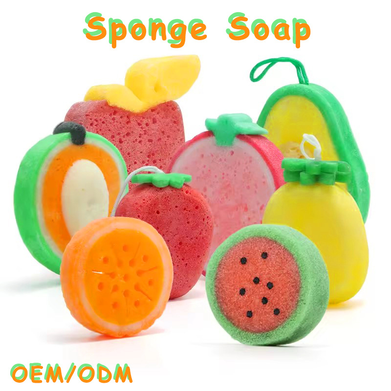 跨境海绵手工皂清洁留香水果香皂精油皂沐浴海绵皂sponge soap