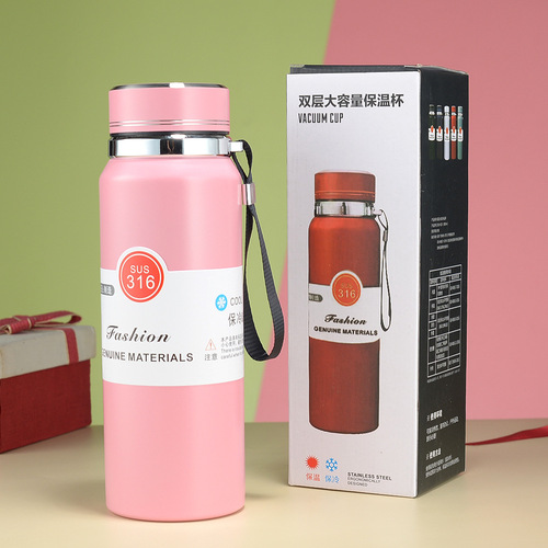 Portable Large Capacity Outdoor Sports Water Bottle Double Layer Vacuum with Handle and Sling Strap Cup 316 Stainless Steel Insulated Cup