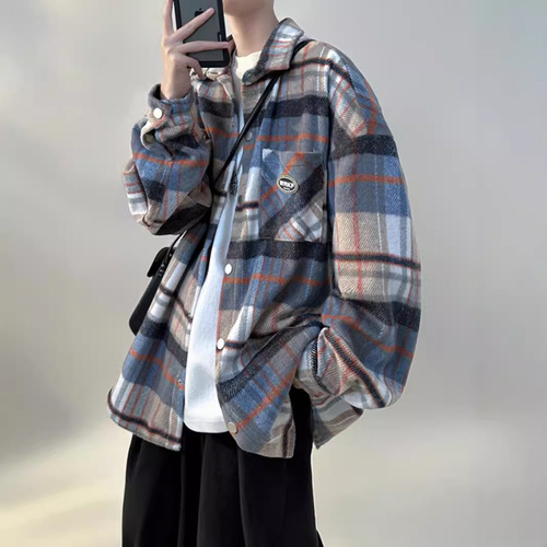 Men's Spring and Autumn Long-Sleeve Shirt with Floral Style, Loose Checkered Blouse, Plus Size Trendy Youth Stand Collar Jacket