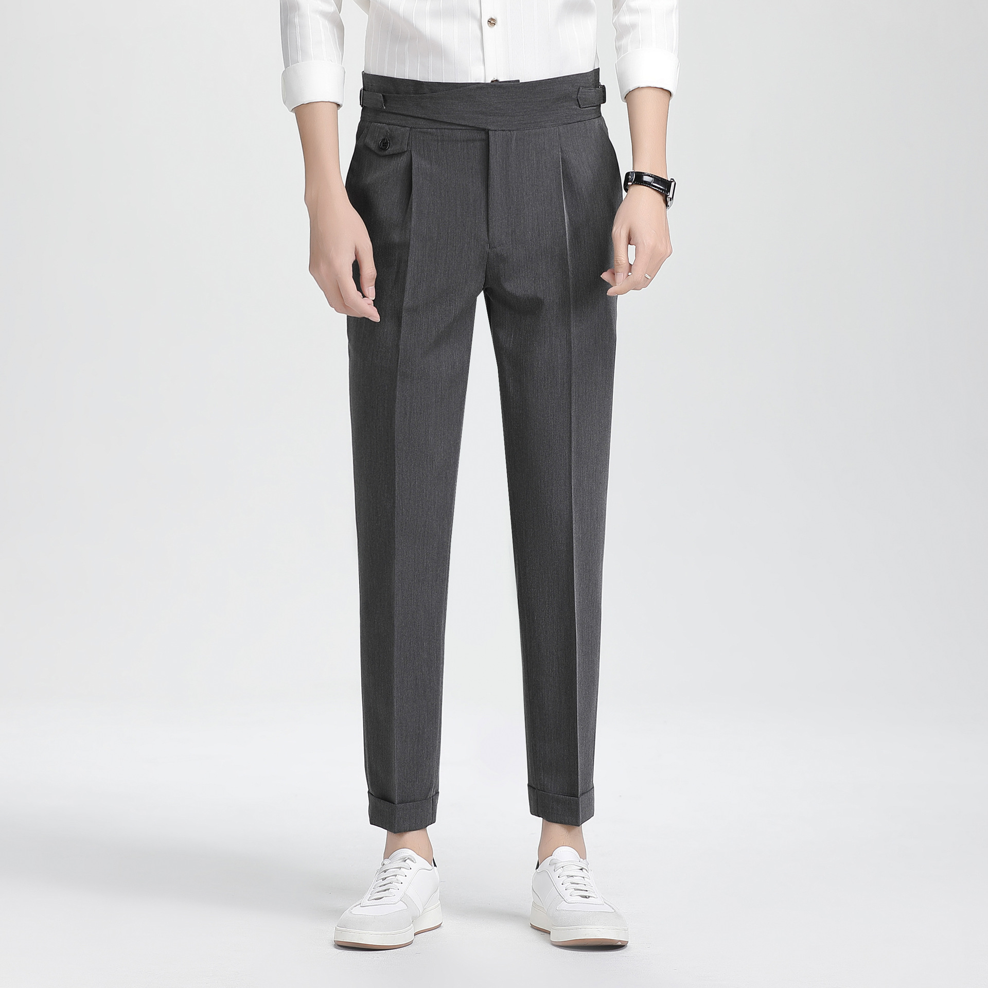 Nápoles traje pantalones hombres pantalones recortados negro drapeado negocio casual cintura alta traje Pantalones slim fit primavera y verano