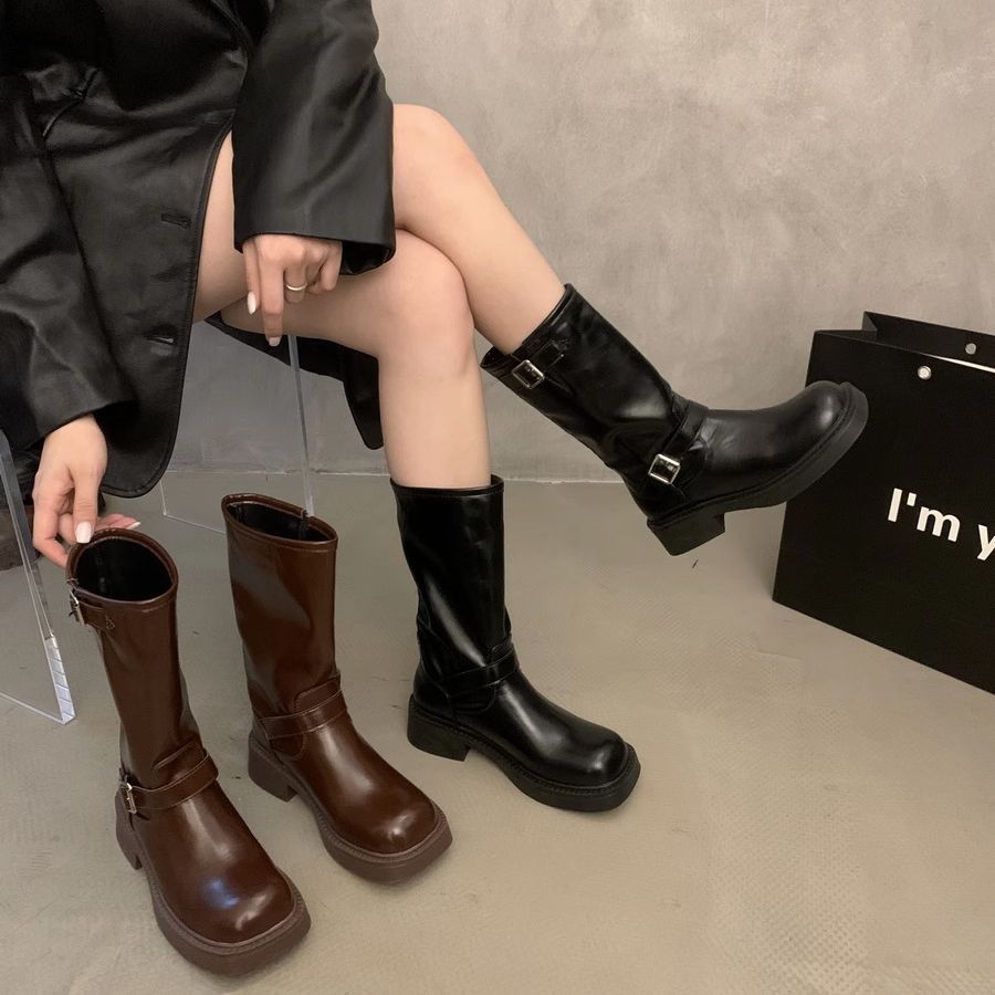Western Cowboy Women's 2023 Autumn/Winter New Mid Thick Sole Martin Sleeve Knight Boots _voghion.com