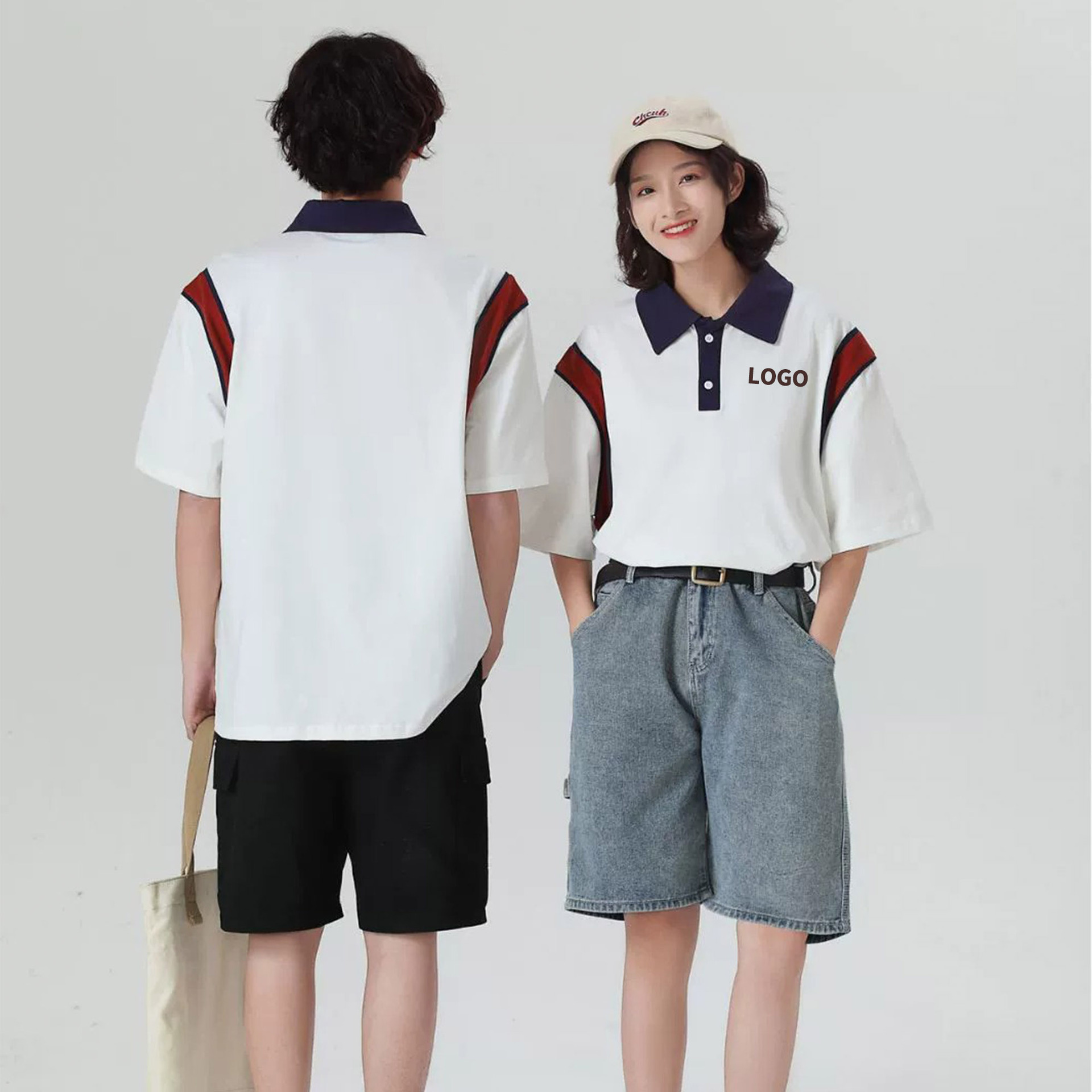 Camisas de moda personalizadas de algodón británico, camisetas de hombro, camisetas de hombre y mujer sueltas de color combinado