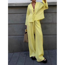 跨境欧美女装2025春秋季新款时尚高级感系带衬衫长裤休闲时尚套装