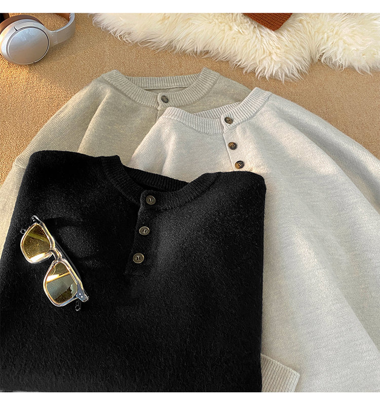 Cleanfit Henley Knit Sweater – Heavyweight Relaxed Pullover With Ribbed Hem_voghion.com