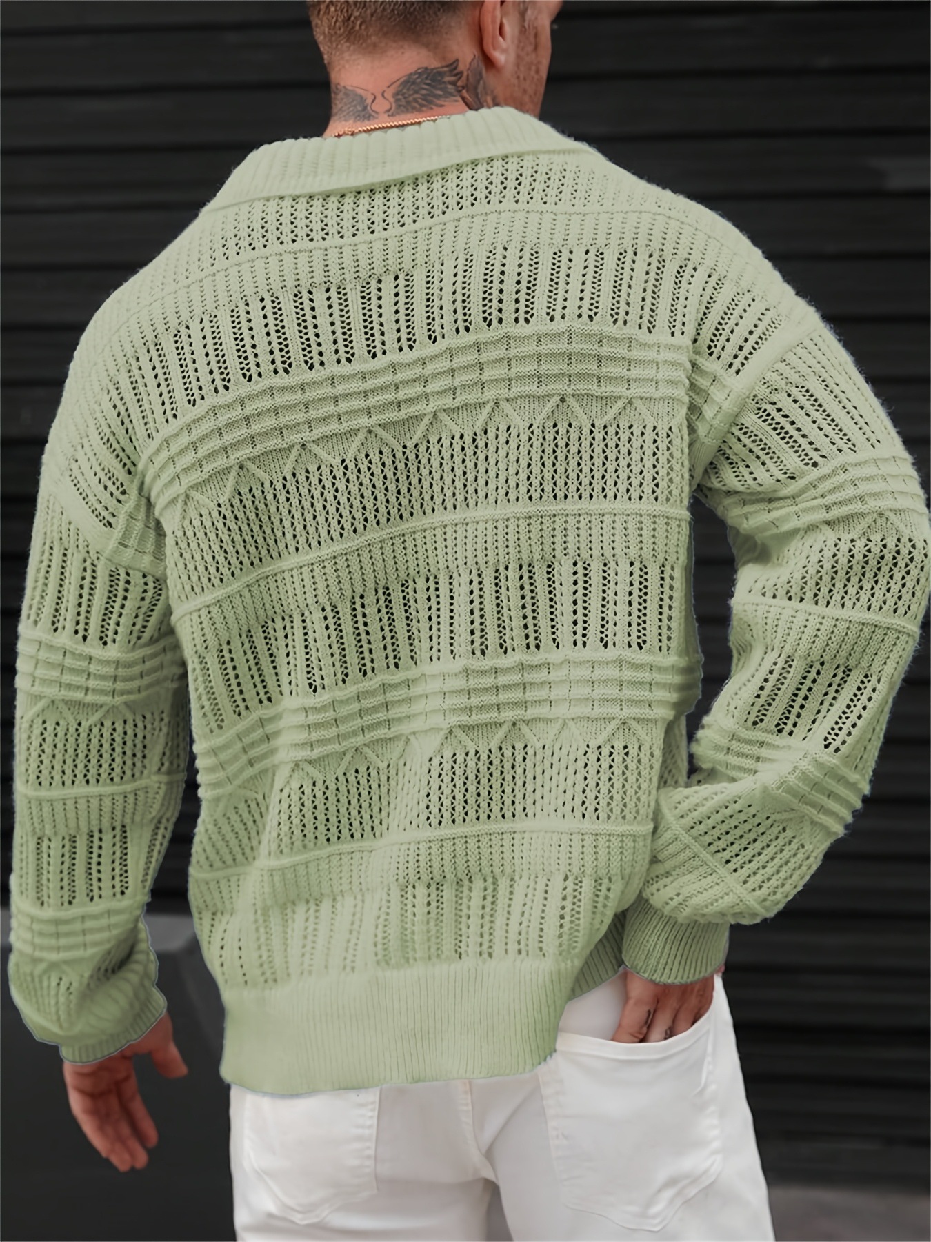 ​Men's Streetwear Hollow-Out Knit Shirt Fashion Loose Fit Short Sleeve Collared Pullover Polyester Breathable Summer Casual​_viptrois.com