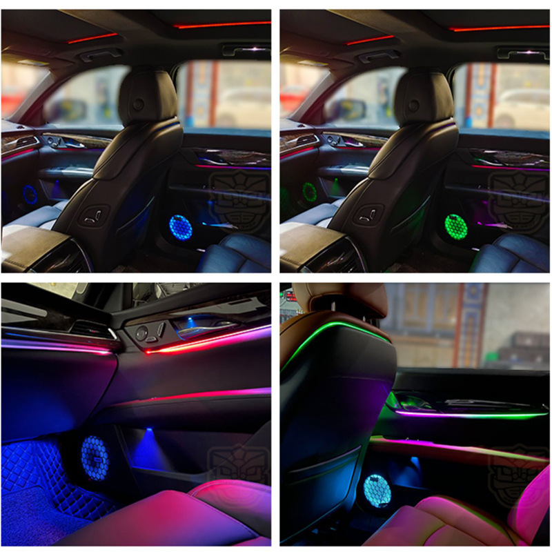 Lámpara de atmósfera LED automotriz controlada por voz tipo flujo de luz brillante colorido montado en automóviles 64 colores ocultos tipo lámpara de atmósfera de inducción interior