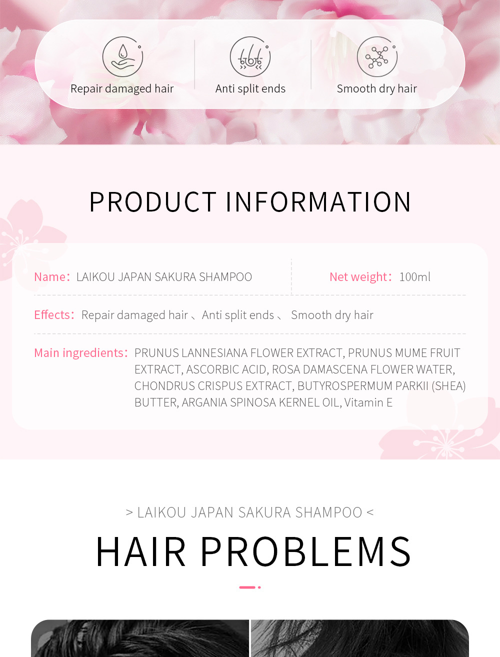 LAIKOU Sakura Shampoo cleanses hair, provides soft, smooth and refreshing hair with a lingering fragrance. Wholesale from the manufacturer undefined