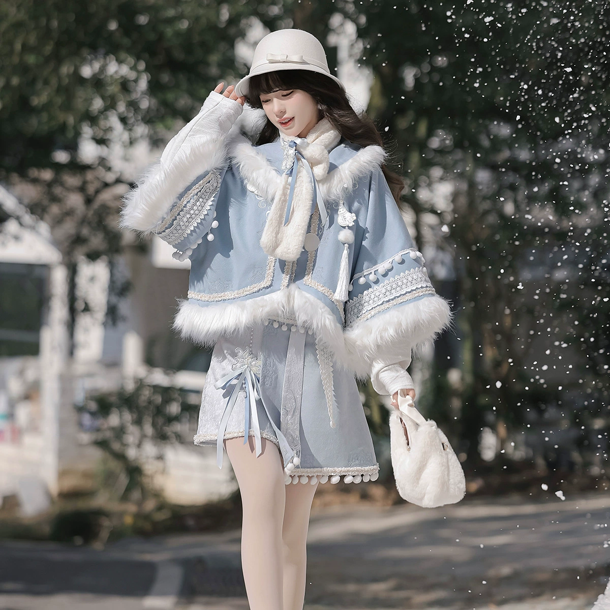 Набор халата ханфу (Yi Mengge) женский — шарф, жакет, подкладка и полу-юбка, народный стиль с меховой отделкой