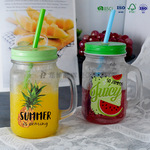 梅森杯烤花玻璃杯吸管杯果汁杯出口玻璃杯把手杯可定制玻璃杯