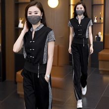 新中式国风休闲运动套装女夏季2024年新款盘扣短袖T恤气质V领上衣