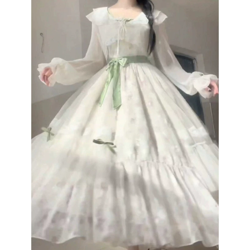 Милое пасторальное платье с бантом и цветочным принтом на подтяжках, студенческое летнее универсальное солнцезащитное платье, кардиган, комплект из двух предметов