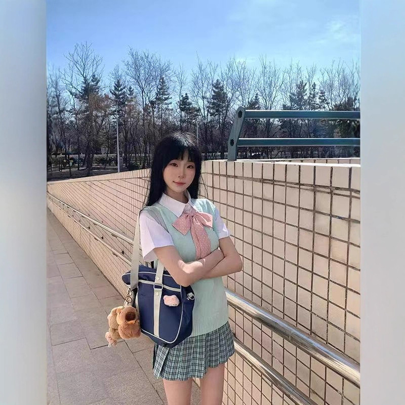 Mint Italian Summer Preppy Style Sweet Knitted Vest Jk Uniform Plaid Skirt Set Spring and Summer Knitted Sweater Short Skirt School Supply