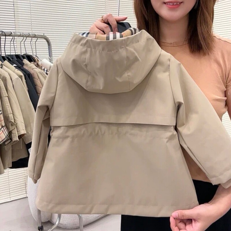 儿童男童女童春秋时尚款经典连帽长袖外套纯色收腰大衣秋季新款|undefined