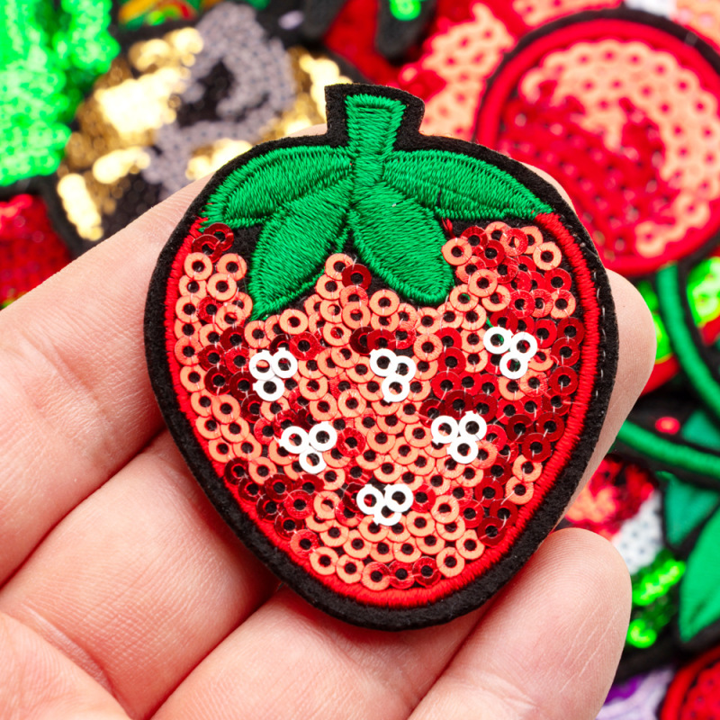 スパンコール刺繍布ラベル卸売コンピュータ刺繍チェリースイカイチゴスパンコールフルーツシリーズ刺繍布ステッカー縫製不要ステッカー|undefined