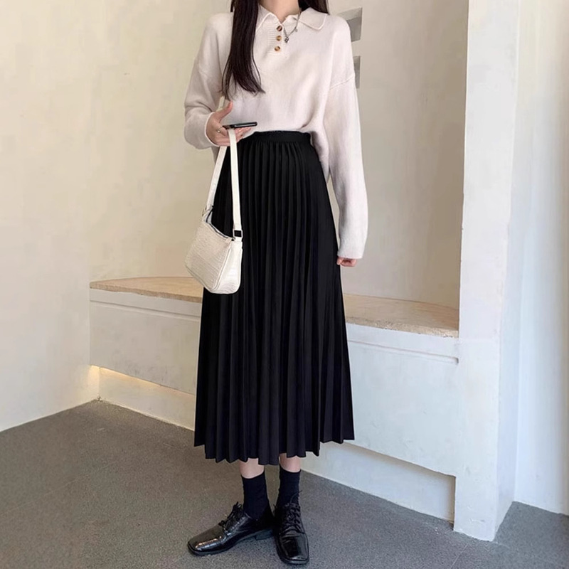 黒のスタイリッシュなプリーツスカートハイウエストストレートスカート女性のための 2025 新しい多用途痩身スカート在庫あり|undefined