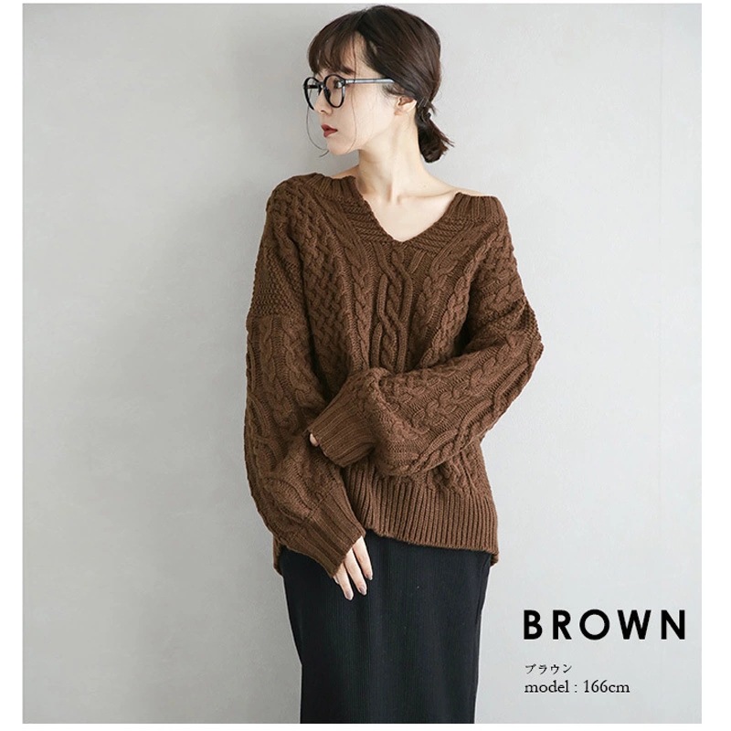 日韓vネックプルオーバー2023新型純色ニット麻花灯籠袖麻花セーター痩せ上着