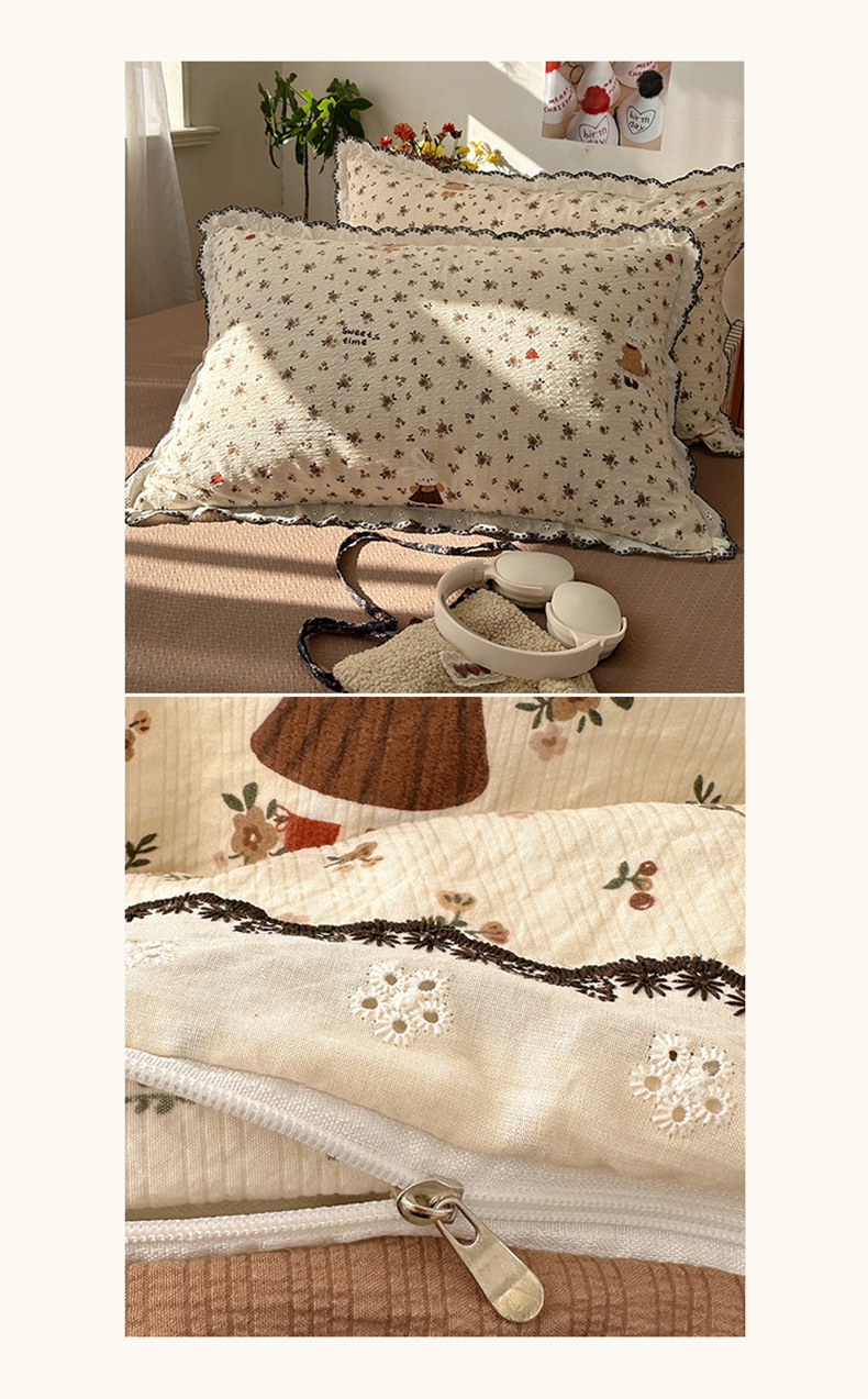 Nordic Vintage Style Double-layer Gauze Bedding Set With Lace Trim_voghion.com