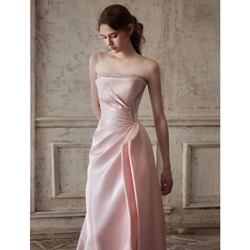 Vestido de noche francés rosa para mujeres 2026 nuevo anfitrión de reunión anual de alto nivel, vestido de novia de compromiso