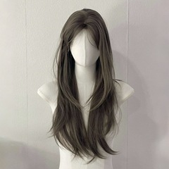 【末端少女】擬似髪の中で長さを分けたストレートミルクティーグレーブラウンの雰囲気感が見えないかつら全頭カバー