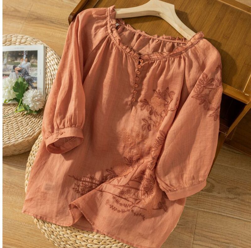 Summer Slim-Fit Casual Thin Pullover Top with Cotton Embroidery and Ruffle Trim, Half-Sleeve Shirt, Loose T-Shirt