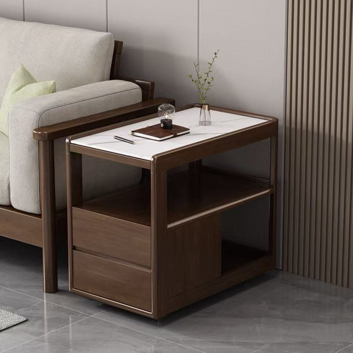 Movable Solid Wood Side Cabinet Tea Cabinet with Wheels Small Tea Table Coffee Table Living Room Simple Slate Corner Table Sofa Side Table