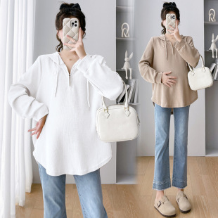 2024 New Spring half zipper hooded embroidered waffle pullover casual Korean style long sleeve sweater for pregnant women