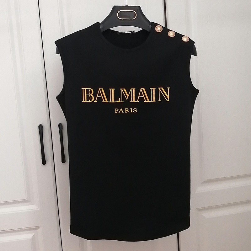 Spring and Summer New Balmain Shoulder Gold Buckle Embossed Lettering Balmain All-Cotton Casual Sleeveless T-Shirt Top Spring and Summer New Balmain Shoulder Gold Buckle Embossed Lettering Balmain All-Cotton Casual Sleeveless T-Shirt Top