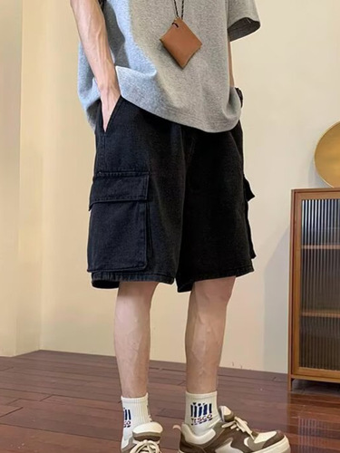 Men's Trendy Summer Thin American-Style Workwear Denim Shorts: Loose-Fit, Straight-Leg Mid-Length Casual Cropped Pants