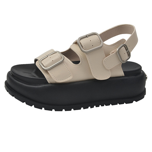 Roman sandals for women 2024 summer new thick-soled Korean-style retro round-toe double strap student casual beach sandals