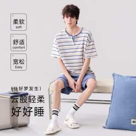 夏季新款纯棉男士短袖短裤套头睡衣时尚休闲男家居服图片色居家