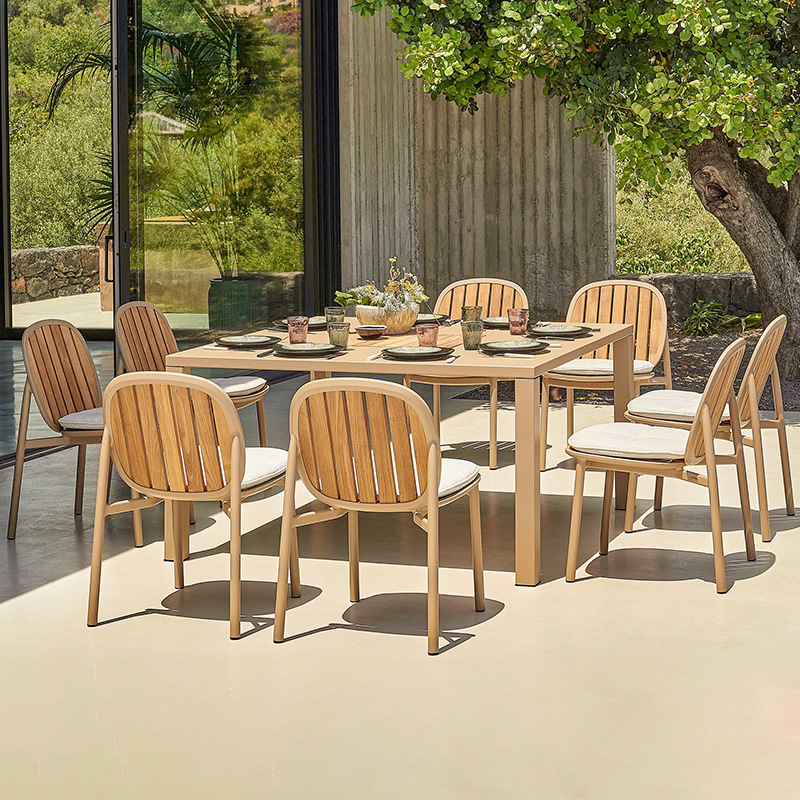 Mesa y silla de teca al aire libre balcón al aire libre patio hotel al aire libre impermeable al sol villa anti-corrosión marco de aluminio muebles de ocio