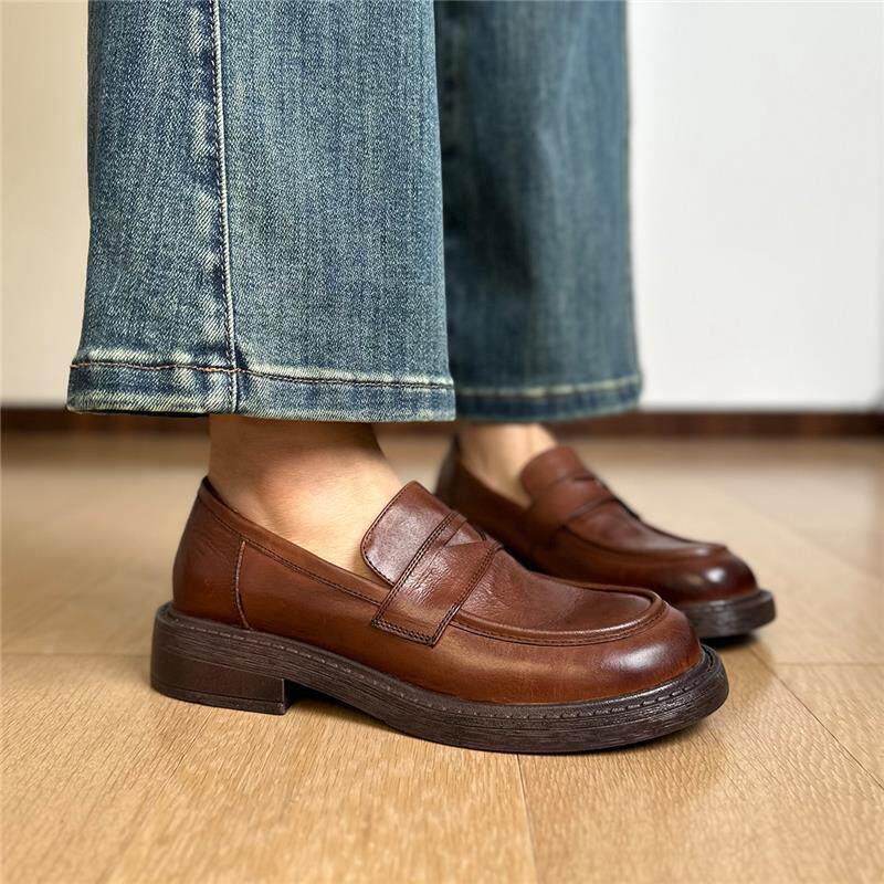 Giày lười nữ da thật Anh, mũi tròn, gót thấp 3–5 cm, đế bằng — màu đen chi tiết 16