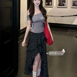 Pure Lust Style Sexy Off-Shoulder Knitted Short-Sleeved T-Shirt Top Suit Women's Summer Asymmetrical High-Waisted A-Line Polka-Dot Skirt