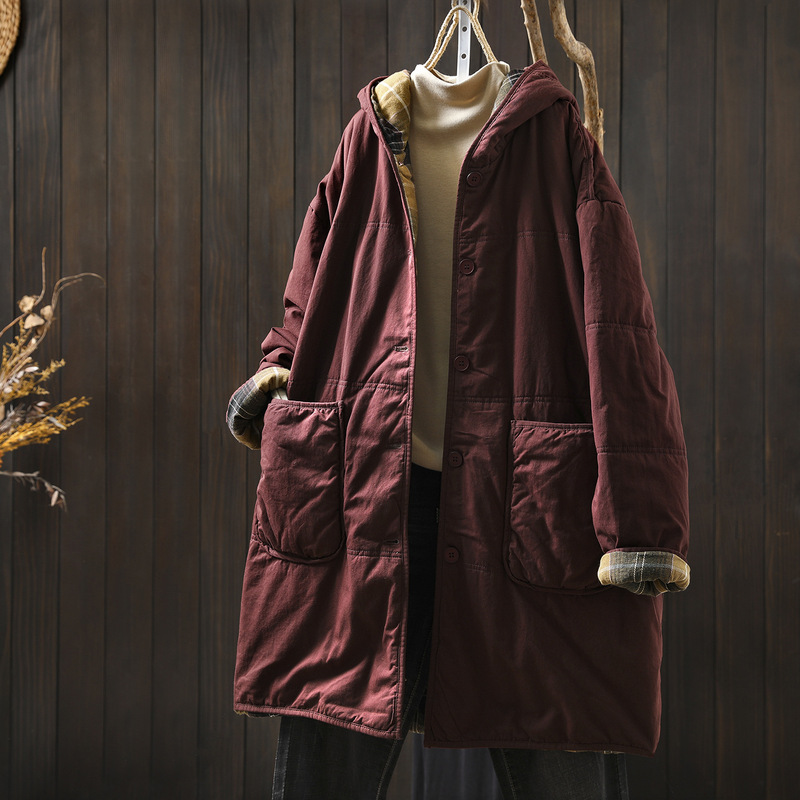 Fashion Large Pocket Hooded Mid-Length Over-The-Knee Cotton Jacket for Women, Loose Plus-Size Quilted Thick Warm Cotton Coat Fashion Large Pocket Hooded Mid-Length Over-The-Knee Cotton Jacket for Women, Loose Plus-Size Quilted Thick Warm Cotton Coat