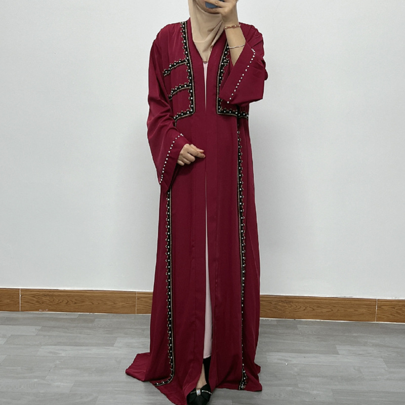 F332 Cross-Border Foreign Trade Women's Long Dress Middle East Dubai Embroidered Lace Pearl Beaded Cardigan Robe In_ecoleips.com