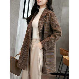 冬季新款单面呢大衣女时尚千鸟格高级感羊毛外套2025年小个子妈妈