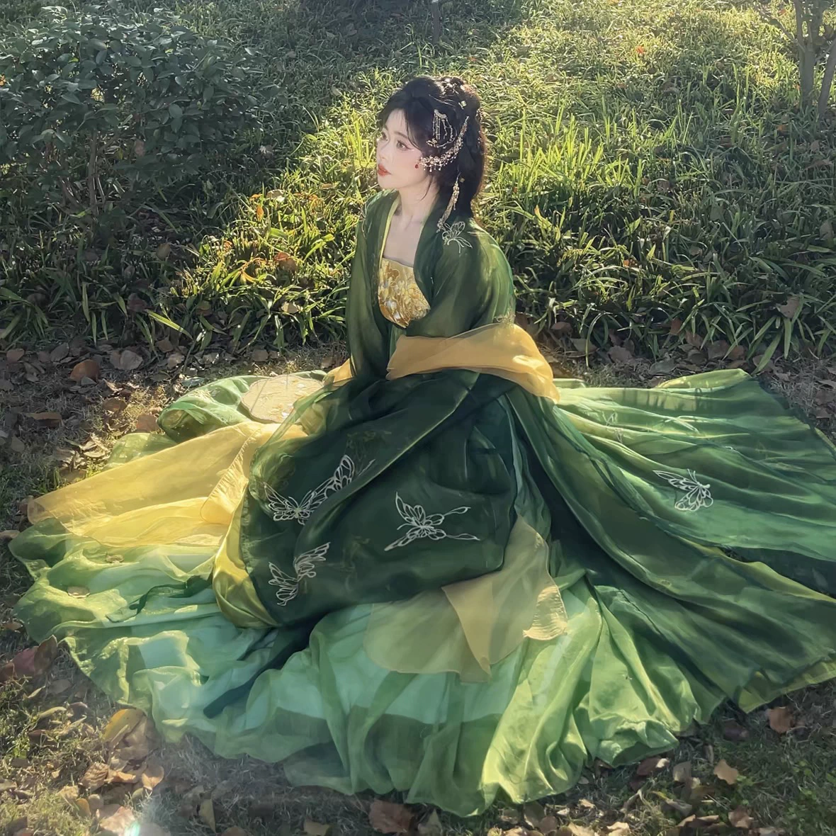 Новый летний Hanfu женский [Золотая одежда с серебряной резьбой] Великолепная бабочка вышитая юбка с большими рукавами