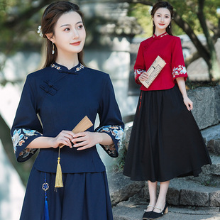 Hanfu Women's Chinese Style Large Size Fairy Style Zen Tea Clothing Retro Tang Suit Top Summer Republic of China Improved Cheongsam Two-piece Set